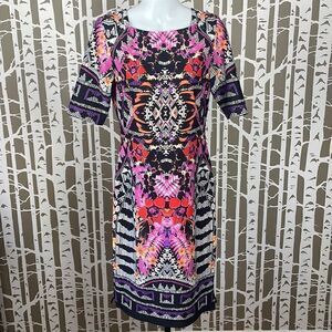 Gabby Skye Geometric Tropical Floral Print Zip Back Scuba Sheath Midi Dress sz 6